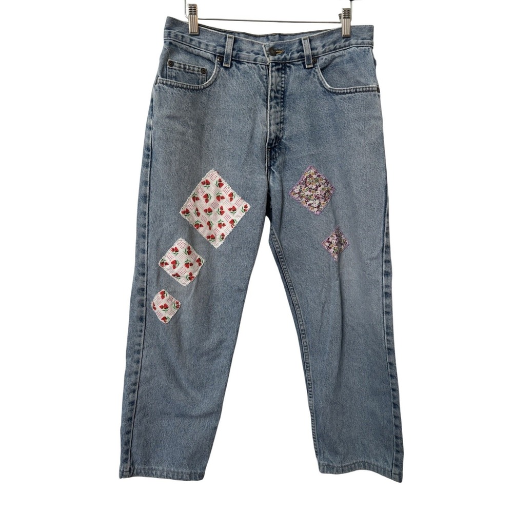 Vintage Upcycled Patchwork Jeans Womens Light Wash Blue Mom Straight Leg 90s
